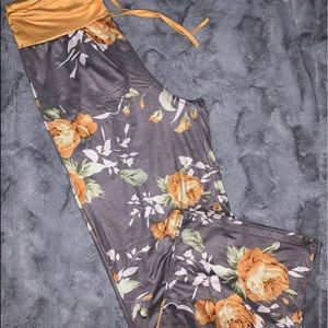 Yellow & Gray Floral Wide Leg Lounge Pants